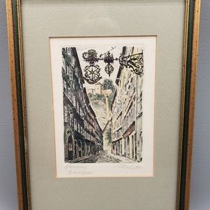 Hand Tinted Art Etching Salzburg Street, Austria, Signed Rister, Matted, Framed